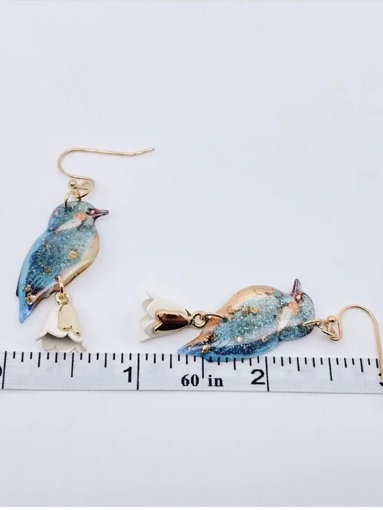Blue and Gold Bird Drop Earrings with White Bell Charms New- Boutique - Picture 2 of 2
